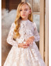 Long Sleeves Beaded Ivory Lace Tulle Floral Flower Girl Dress